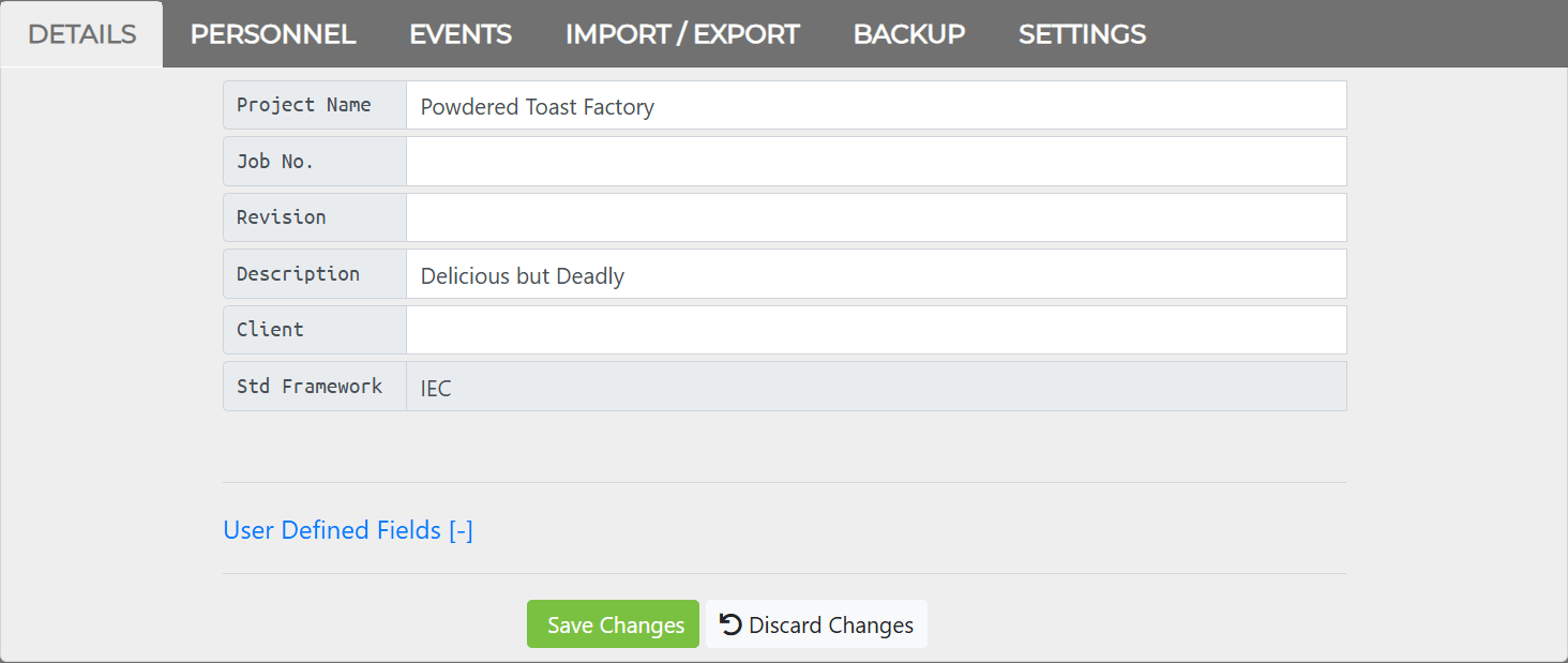 Project Window — Details tab